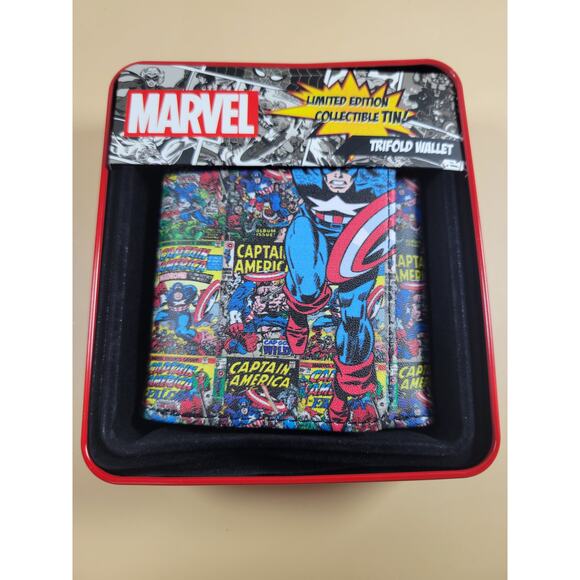 Marvel Captain America Trifold Leather Wallet With Collectors Tin NEW - Picture 1 of 3